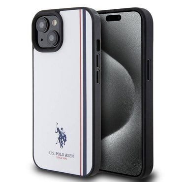 Apple iPhone 15 Case US Polo Assn. Original Licensed Three Color Stripe Design Print Logo Cover White