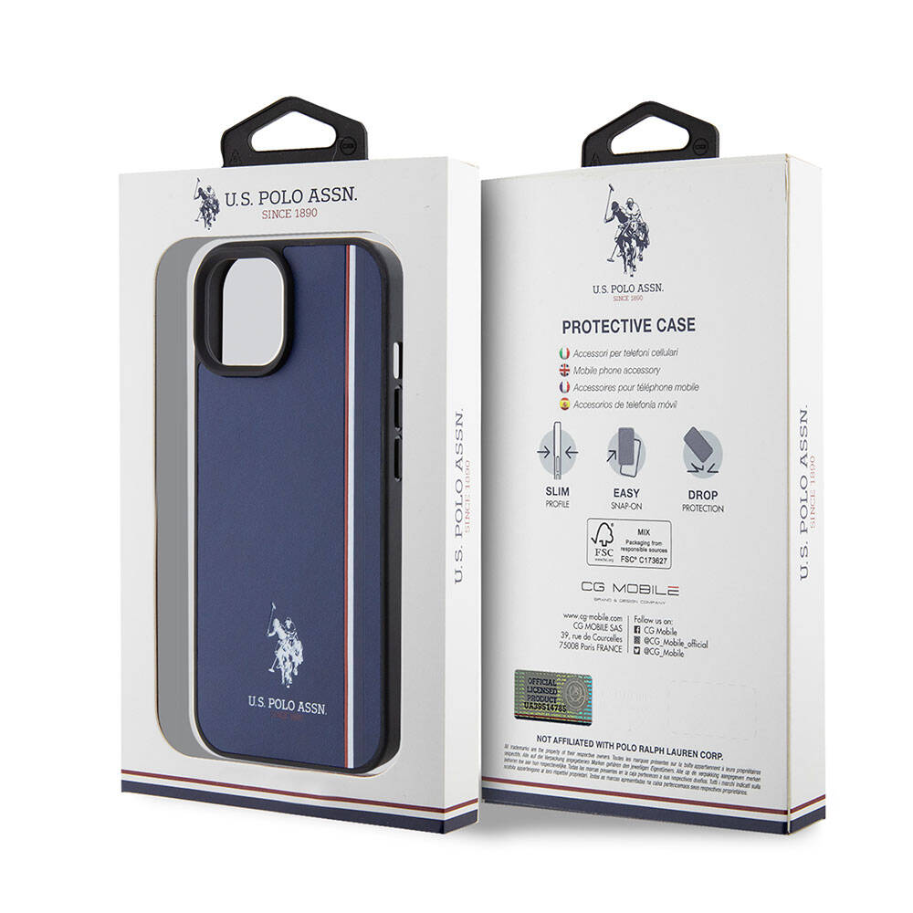 Apple iPhone 15 Case US Polo Assn. Original Licensed Three Color Stripe Design Print Logo Cover Navy Blue