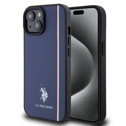 Apple iPhone 15 Case US Polo Assn. Original Licensed Three Color Stripe Design Print Logo Cover Navy Blue