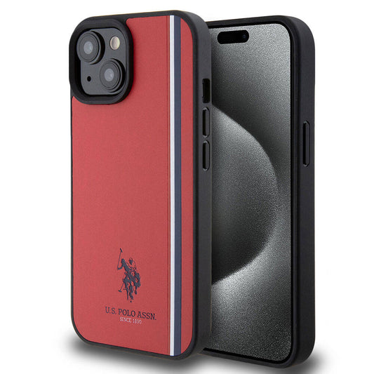 Apple iPhone 15 Case US Polo Assn. Original Licensed Three Color Stripe Design Print Logo Cover Red