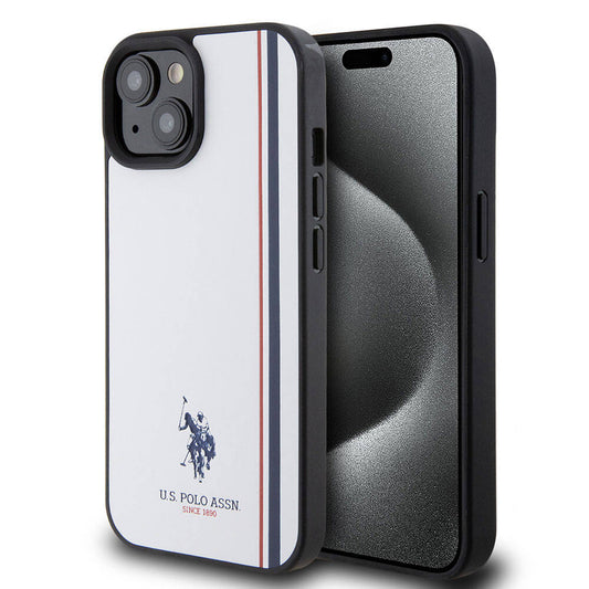 Apple iPhone 15 Case US Polo Assn. Original Licensed Three Color Stripe Design Print Logo Cover White