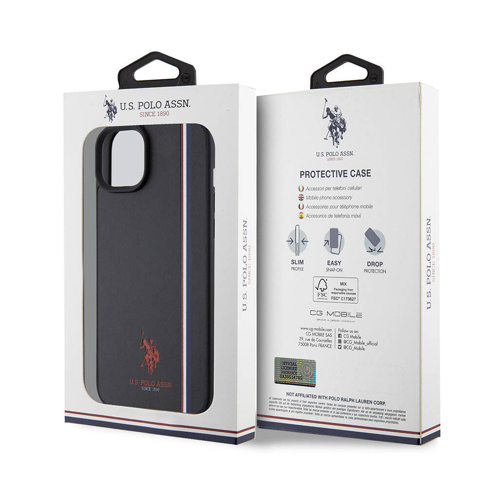 Apple iPhone 15 Case US Polo Assn. Original Licensed Three-Color Stripe Design Print Logo Cover Black