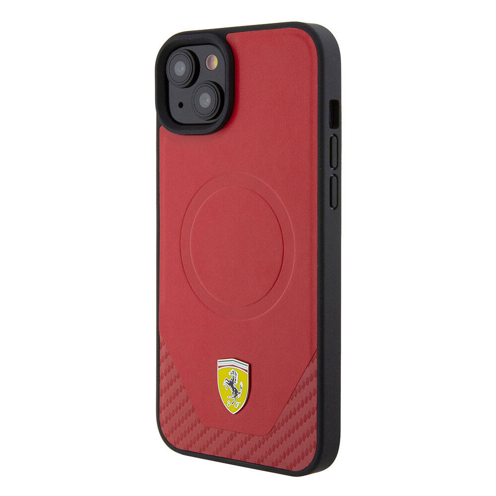 Apple iPhone 15 Plus Case Ferrari Original Licensed M-Safe Charging Feature Metal Logo PU Carbon Cover Black