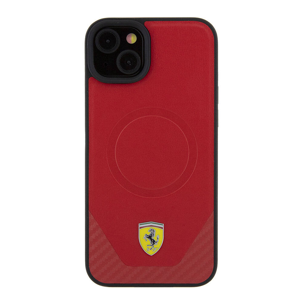 Apple iPhone 15 Plus Case Ferrari Original Licensed M-Safe Charging Feature Metal Logo PU Carbon Cover Black