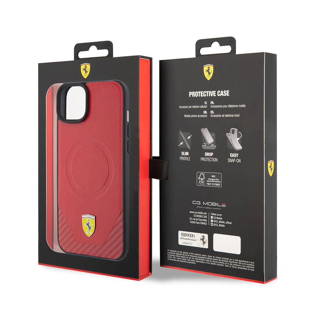 Apple iPhone 15 Plus Case Ferrari Original Licensed M-safe Charging Feature Metal Logo PU Carbon Cover Red