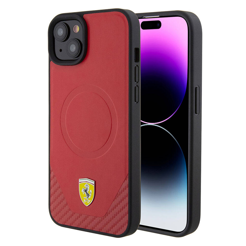 Apple iPhone 15 Plus Case Ferrari Original Licensed M-safe Charging Feature Metal Logo PU Carbon Cover Red