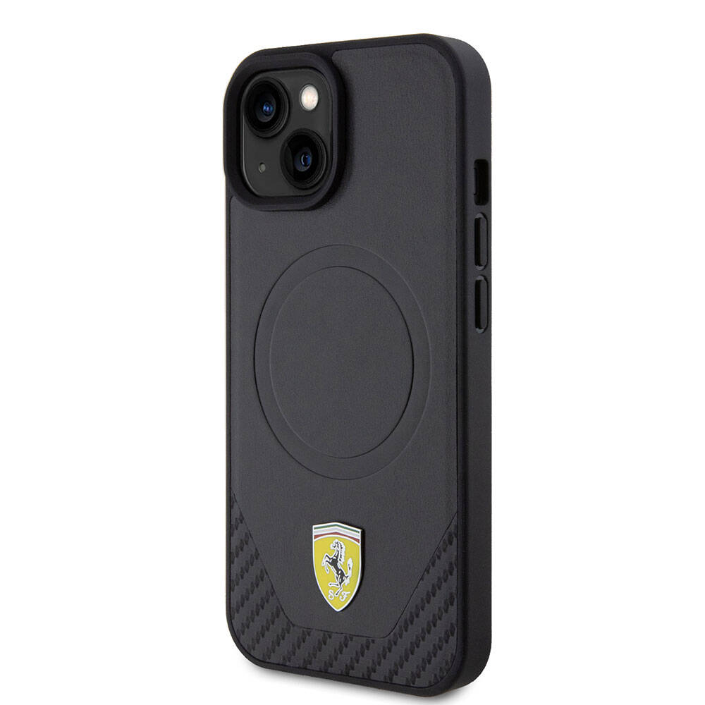 Apple iPhone 15 Plus Case Ferrari Original Licensed M-safe Charging Feature Metal Logo PU Carbon Cover Red