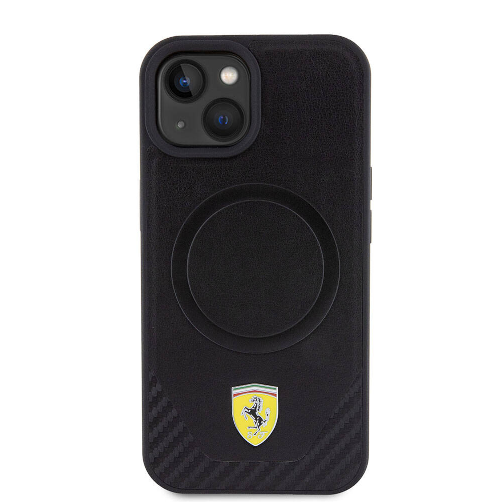 Apple iPhone 15 Plus Case Ferrari Original Licensed M-Safe Charging Feature Metal Logo PU Carbon Cover Black