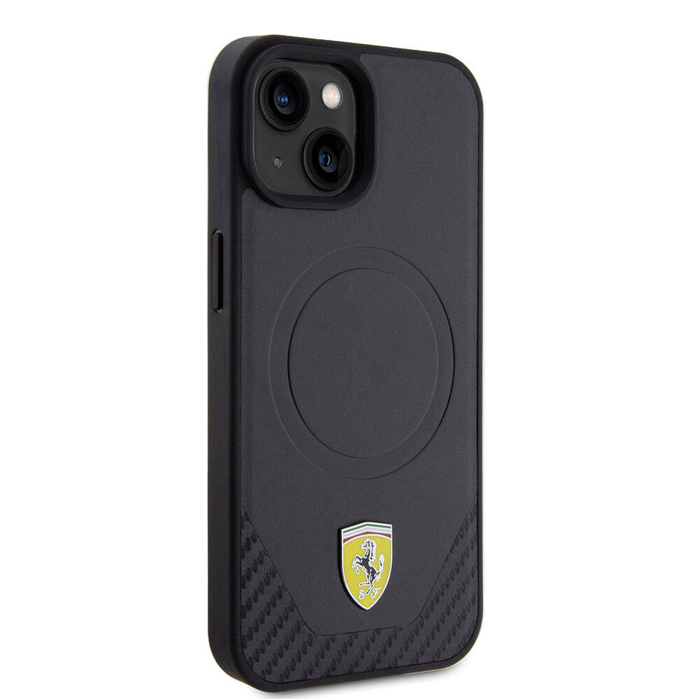 Apple iPhone 15 Plus Case Ferrari Original Licensed M-Safe Charging Feature Metal Logo PU Carbon Cover Black