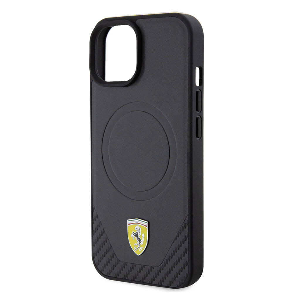 Apple iPhone 15 Plus Case Ferrari Original Licensed M-Safe Charging Feature Metal Logo PU Carbon Cover Black