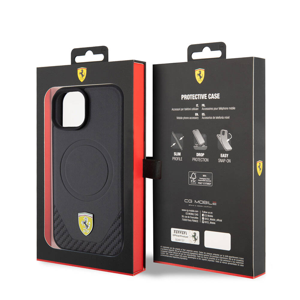 Apple iPhone 15 Plus Case Ferrari Original Licensed M-Safe Charging Feature Metal Logo PU Carbon Cover Black