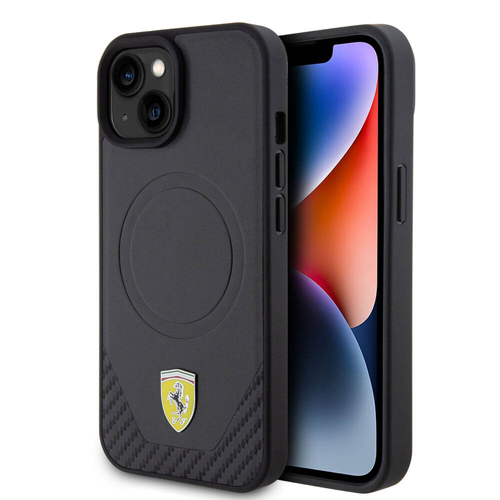 Apple iPhone 15 Plus Case Ferrari Original Licensed M-Safe Charging Feature Metal Logo PU Carbon Cover Black