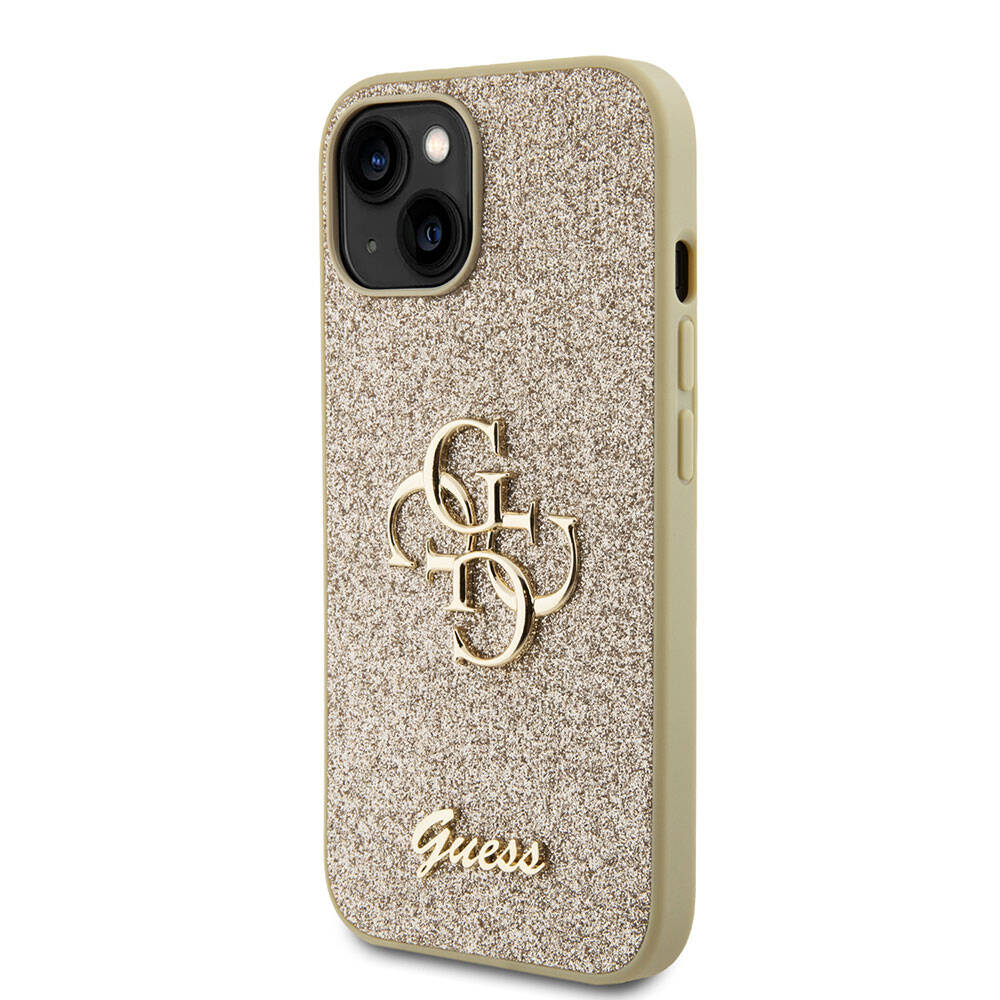 Apple iPhone 15 Plus Case Guess Original Licensed 4G Large Metal Logo Glitter Cover Gold