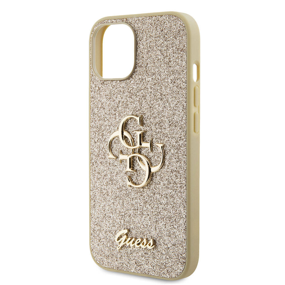 Apple iPhone 15 Plus Case Guess Original Licensed 4G Large Metal Logo Glitter Cover Gold