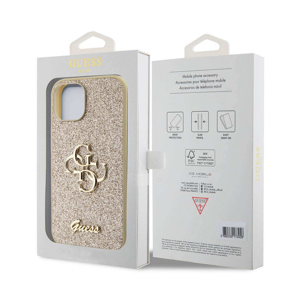 Apple iPhone 15 Plus Case Guess Original Licensed 4G Large Metal Logo Glitter Cover Black