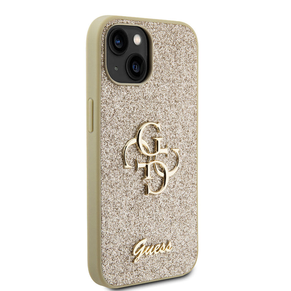 Apple iPhone 15 Plus Case Guess Original Licensed 4G Large Metal Logo Glitter Cover Gold