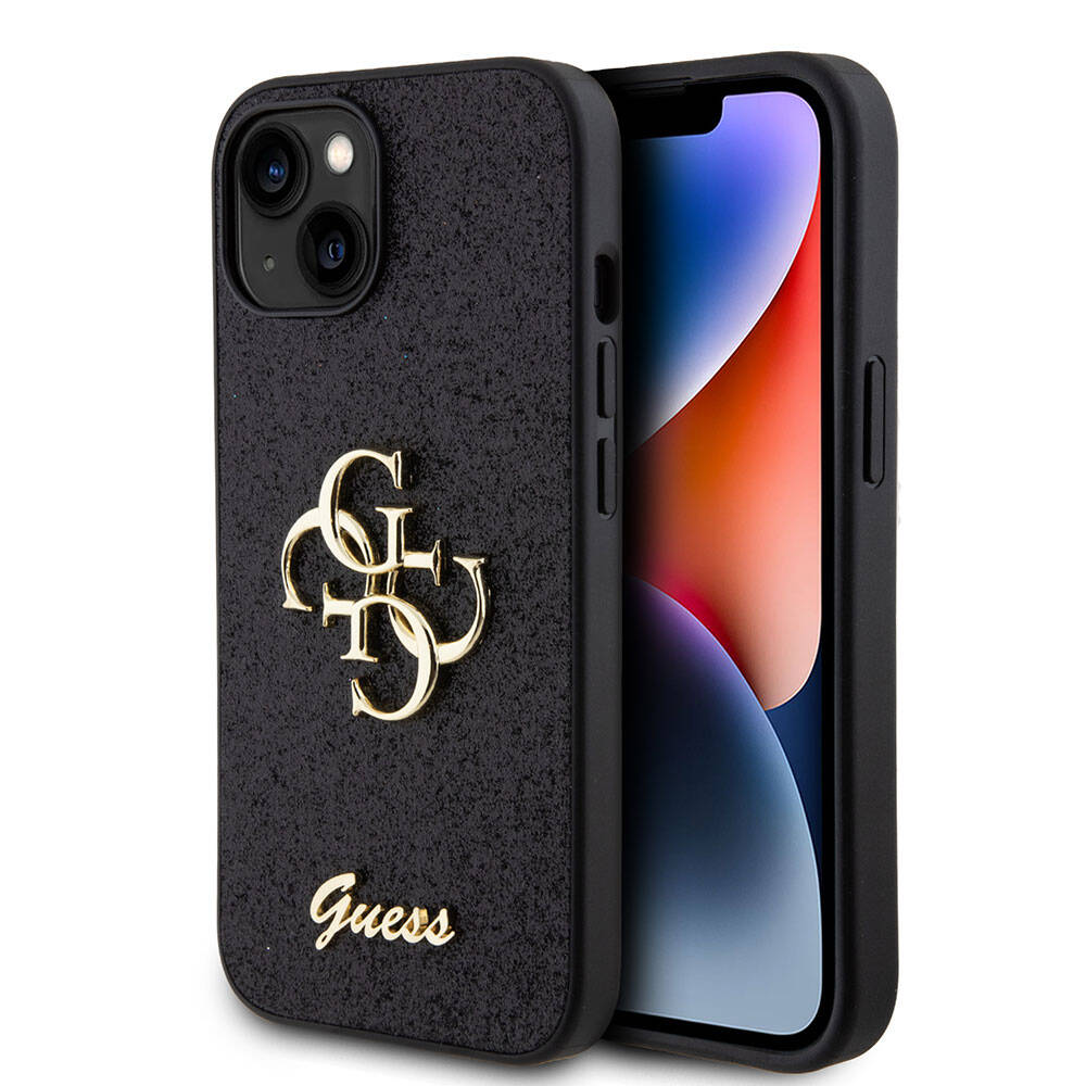Apple iPhone 15 Plus Case Guess Original Licensed 4G Large Metal Logo Glitter Cover Gold