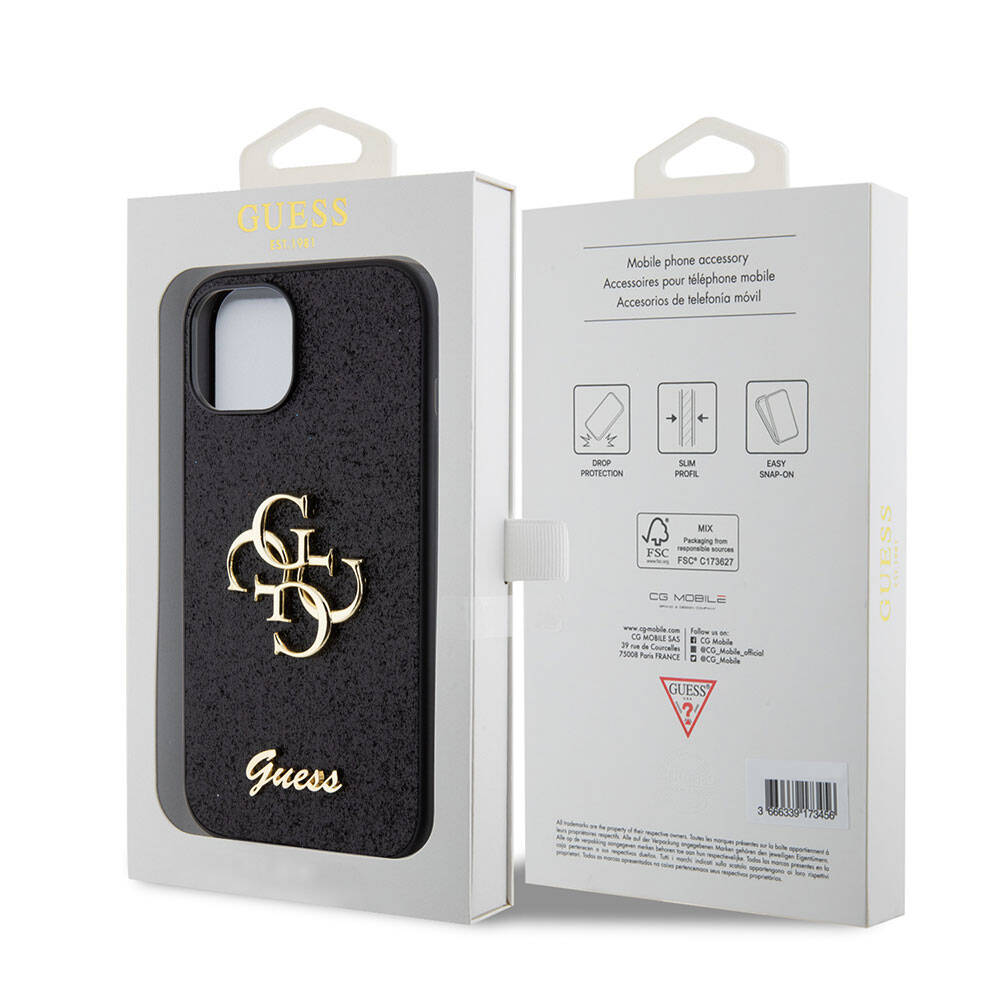 Apple iPhone 15 Plus Case Guess Original Licensed 4G Large Metal Logo Glitter Cover Pink