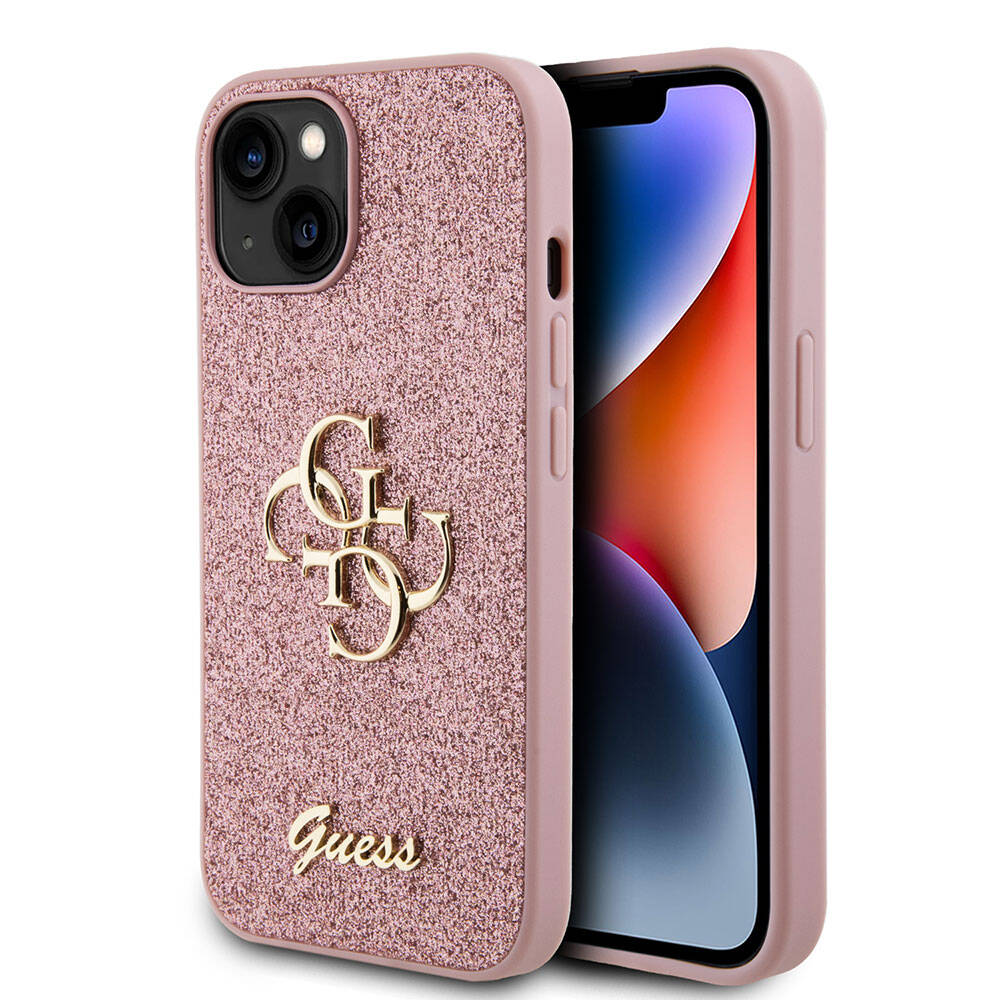 Apple iPhone 15 Plus Case Guess Original Licensed 4G Large Metal Logo Glitter Cover Black