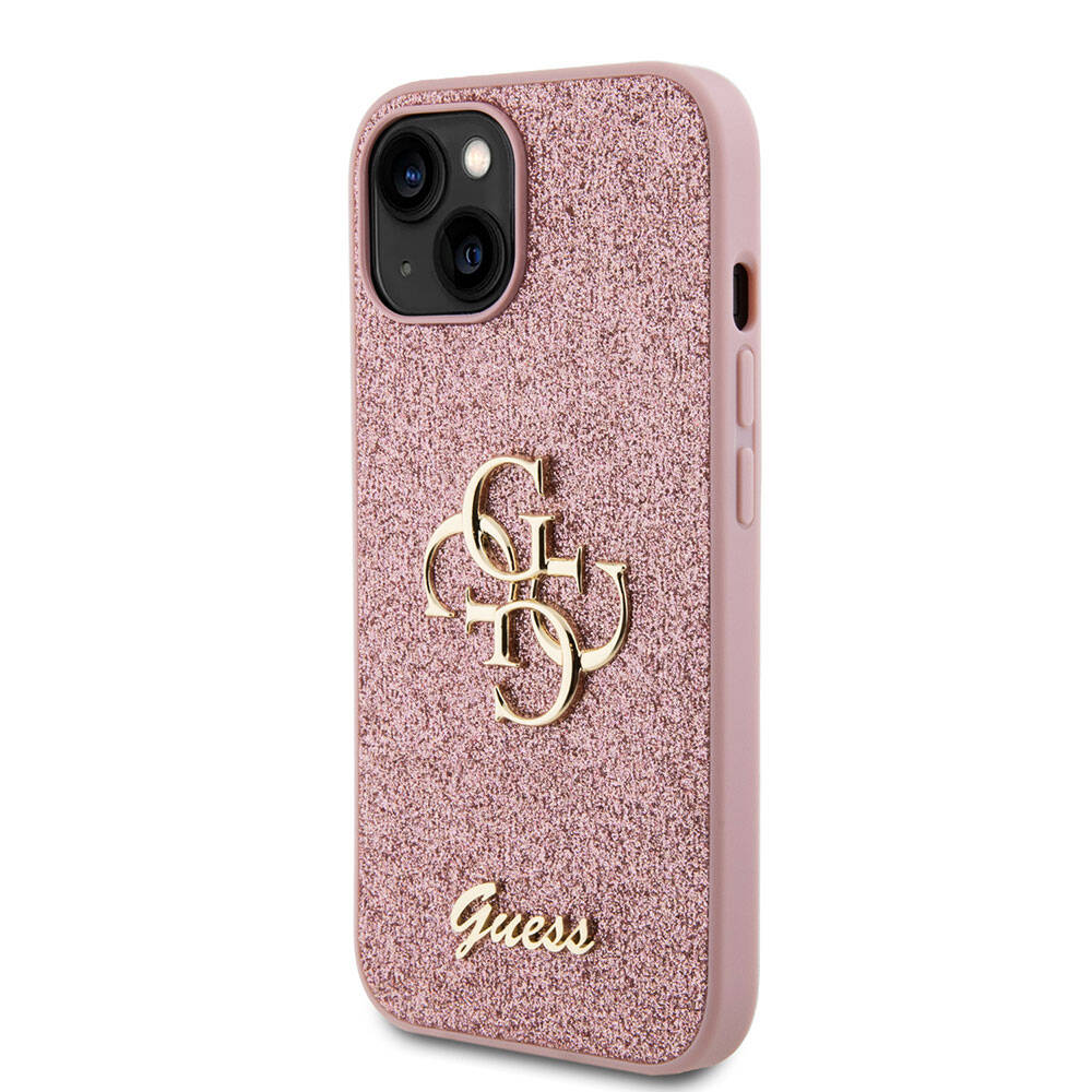 Apple iPhone 15 Plus Case Guess Original Licensed 4G Large Metal Logo Glitter Cover Pink