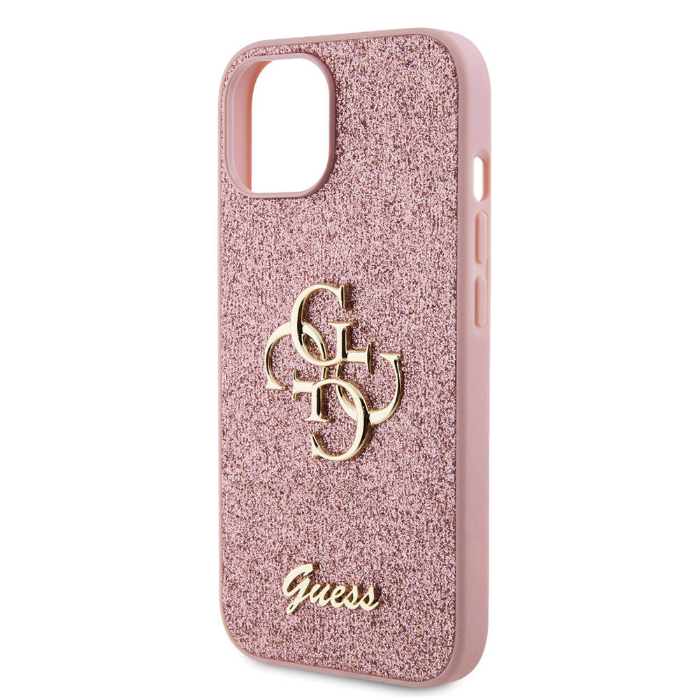 Apple iPhone 15 Plus Case Guess Original Licensed 4G Large Metal Logo Glitter Cover Pink