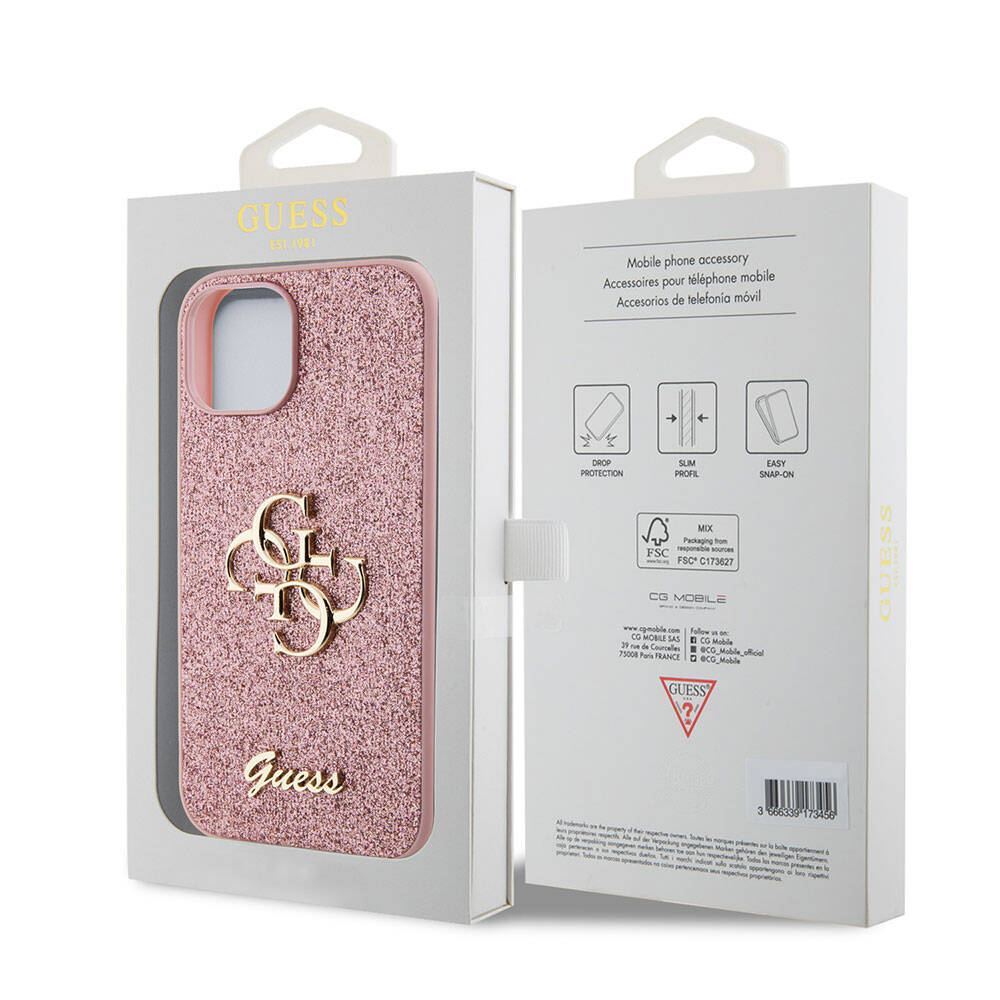Apple iPhone 15 Plus Case Guess Original Licensed 4G Large Metal Logo Glitter Cover Gold