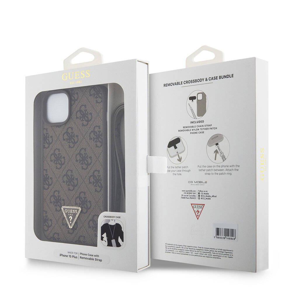 Apple iPhone 15 Plus Case Guess Original Licensed PU Leather Strap Stone Triangle Logo 4G Patterned Strass Crossbody Cover Brown