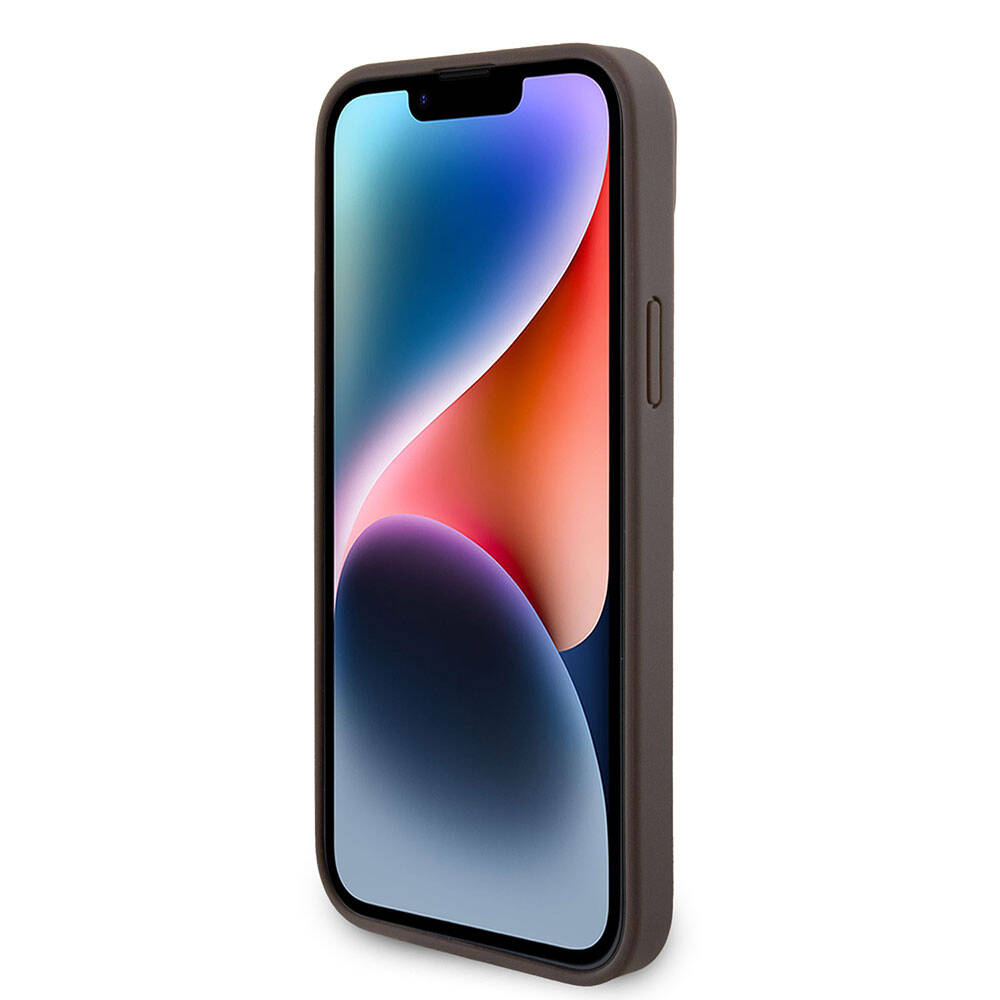 Apple iPhone 15 Plus Kılıf Guess Orjinal Lisanslı PU Deri Taşlı Üçgen Logo 4G Desenli Strass Kapak Kahverengi