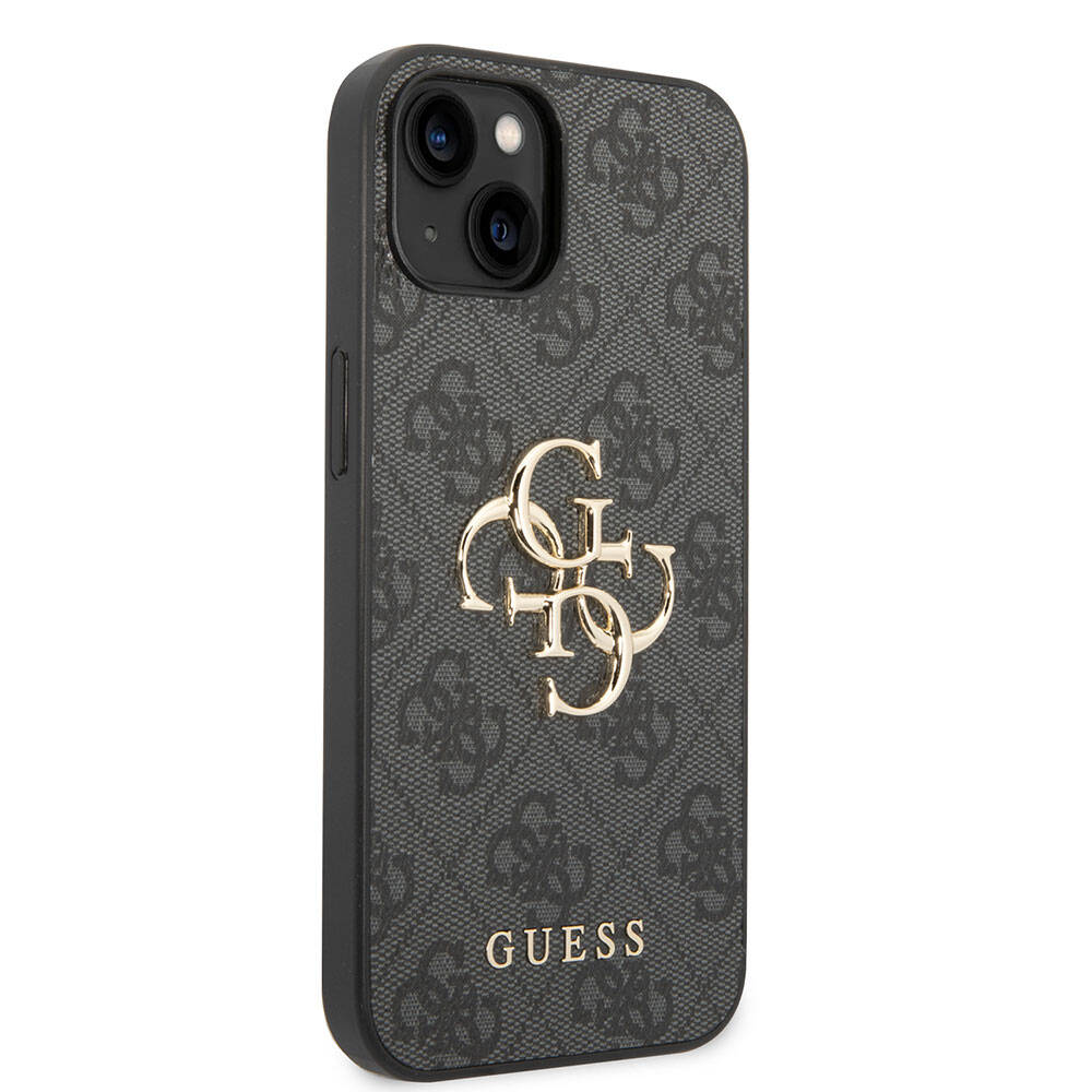 Apple iPhone 15 Plus Case Guess Original Licensed PU Leather Cover with Text and 4G Metal Logo Pattern Gray