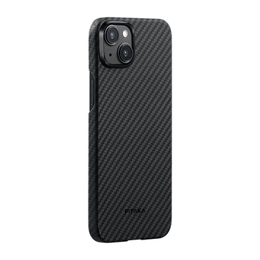 Apple iPhone 15 Plus Kılıf M-safe Şarj Özellikli 1500D Aramid Fiber Pitaka Ultra-Slim Classic Serisi Black-Grey Twill Kapak Siyah-Gri