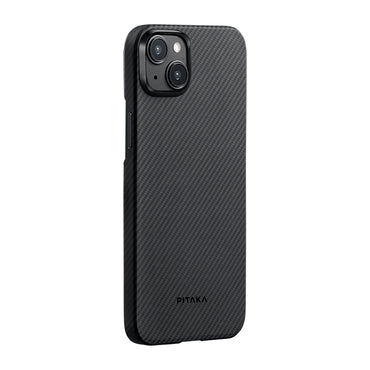 Apple iPhone 15 Plus Kılıf M-safe Şarj Özellikli 600D Aramid Fiber Pitaka Ultra-Slim Classic Serisi Black-Grey Twill Kapak Siyah-Gri