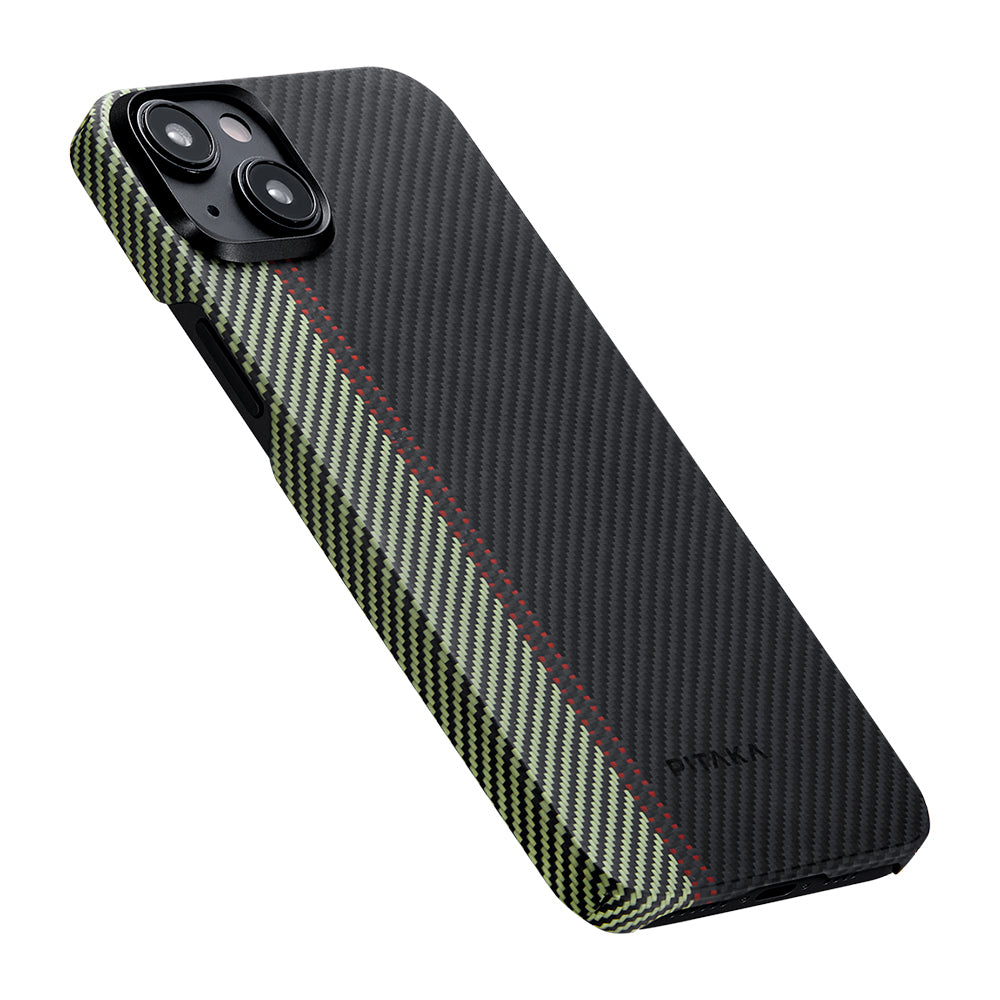 Apple iPhone 15 Plus Kılıf M-safe Şarj Özellikli 600D Aramid Fiber Pitaka Tactile Woven Orchestra Serisi Overture Kapak Siyah-Yeşil