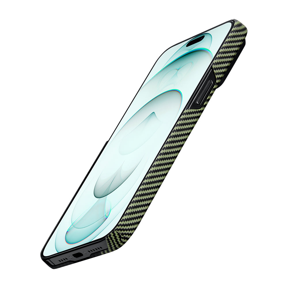 Apple iPhone 15 Plus Kılıf M-safe Şarj Özellikli 600D Aramid Fiber Pitaka Tactile Woven Orchestra Serisi Overture Kapak Siyah-Yeşil