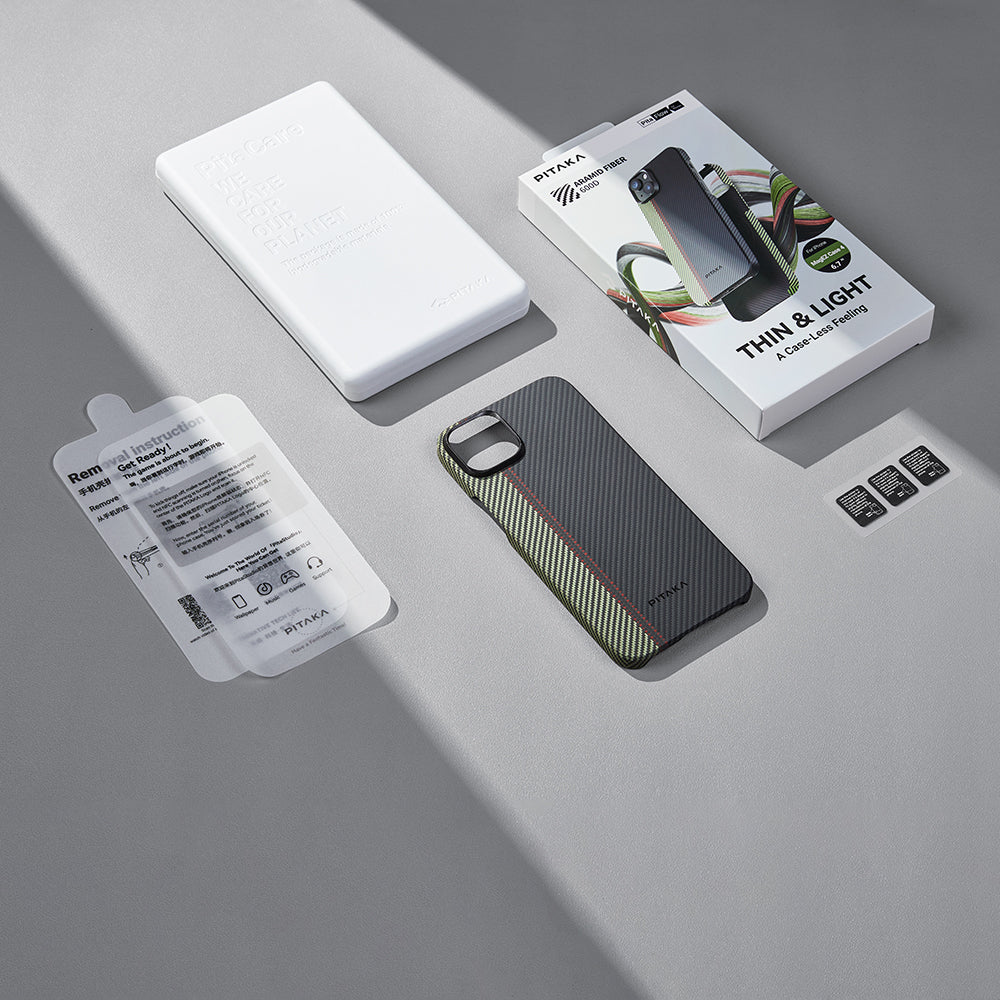 Apple iPhone 15 Plus Kılıf M-safe Şarj Özellikli 600D Aramid Fiber Pitaka Tactile Woven Orchestra Serisi Overture Kapak Siyah-Yeşil