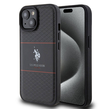 Apple iPhone 15 Plus Case US Polo Assn. Original Licensed Leather Stripe Logo Design Cover Black