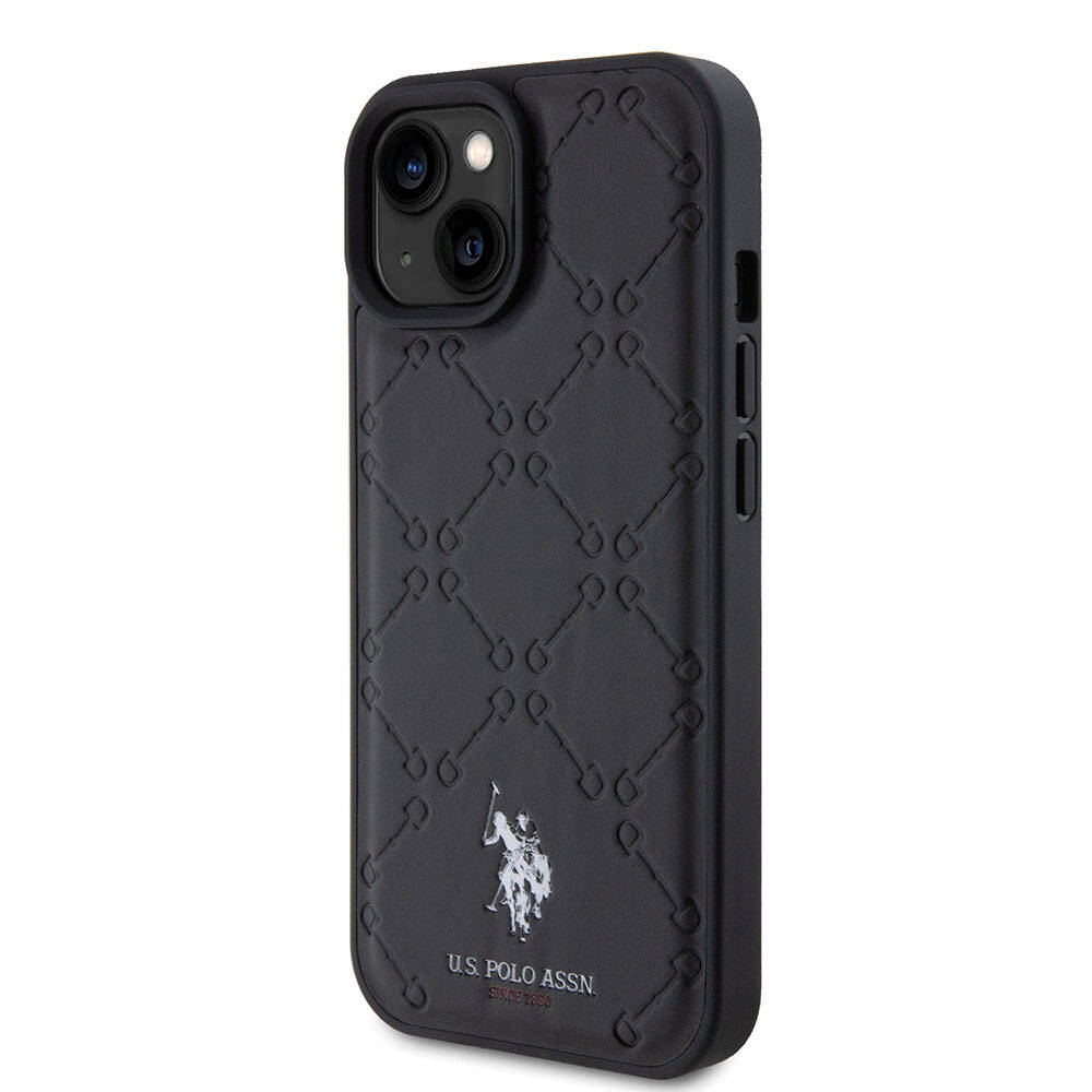 Apple iPhone 15 Plus Case US Polo Assn. Original Licensed HS Patterned Print Logo Faux Leather Cover Black