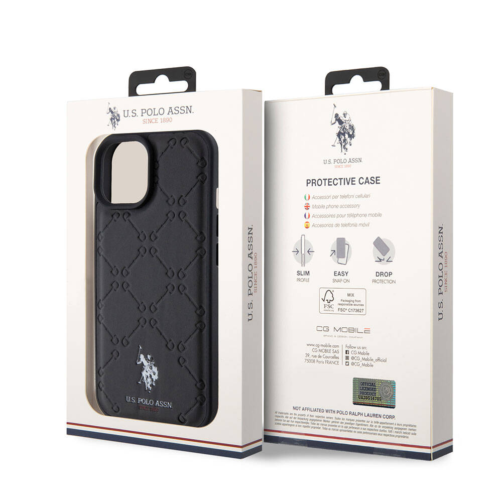 Apple iPhone 15 Plus Case US Polo Assn. Original Licensed HS Patterned Print Logo Faux Leather Cover Black