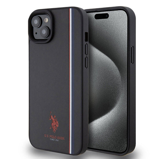 Apple iPhone 15 Plus Case US Polo Assn. Original Licensed Three Color Stripe Design Print Logo Cover Black