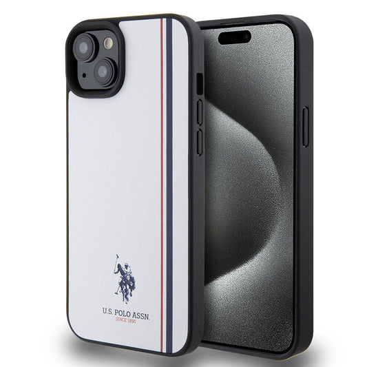 Apple iPhone 15 Plus Case US Polo Assn. Original Licensed Three Color Stripe Design Print Logo Cover White