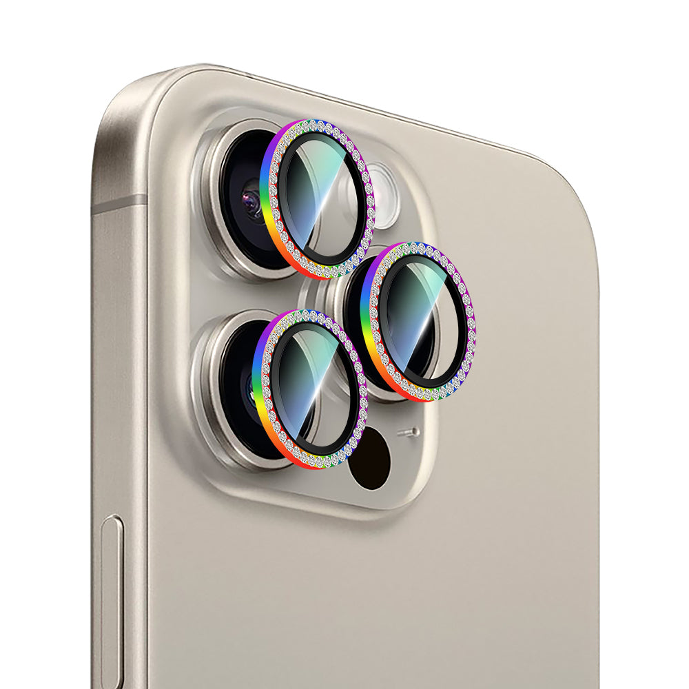 Apple iPhone 15 Pro CaseWorld Alloy Sparkling Diamond Serisi Taşlı Lens Koruyucu Gümüş