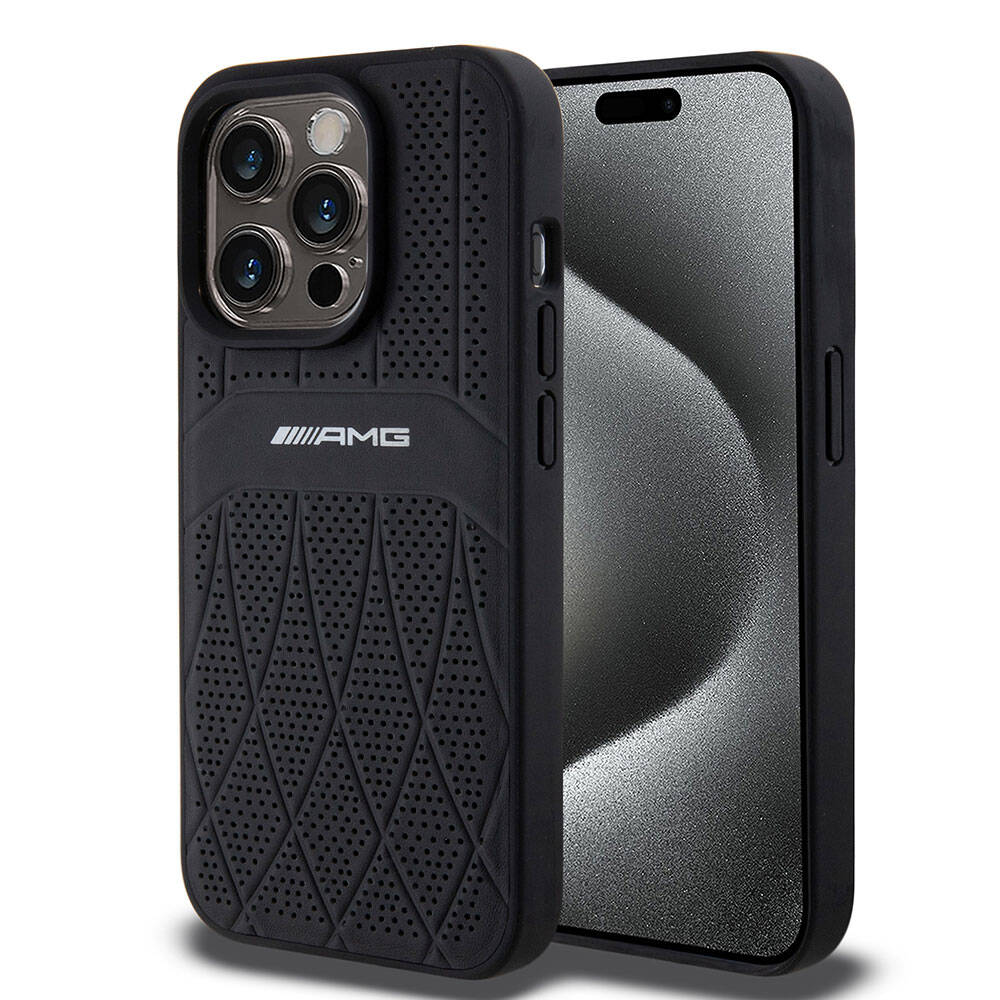 Apple iPhone 15 Pro Case AMG Original Licensed M-safe Charging Feature Perforated Leather Curved Striped Cover Black