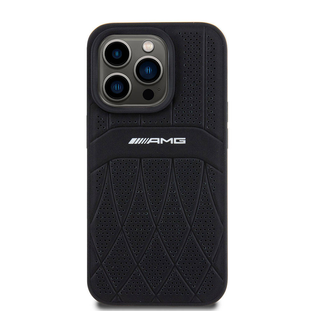 Apple iPhone 15 Pro Case AMG Original Licensed M-safe Charging Feature Perforated Leather Curved Striped Cover Black