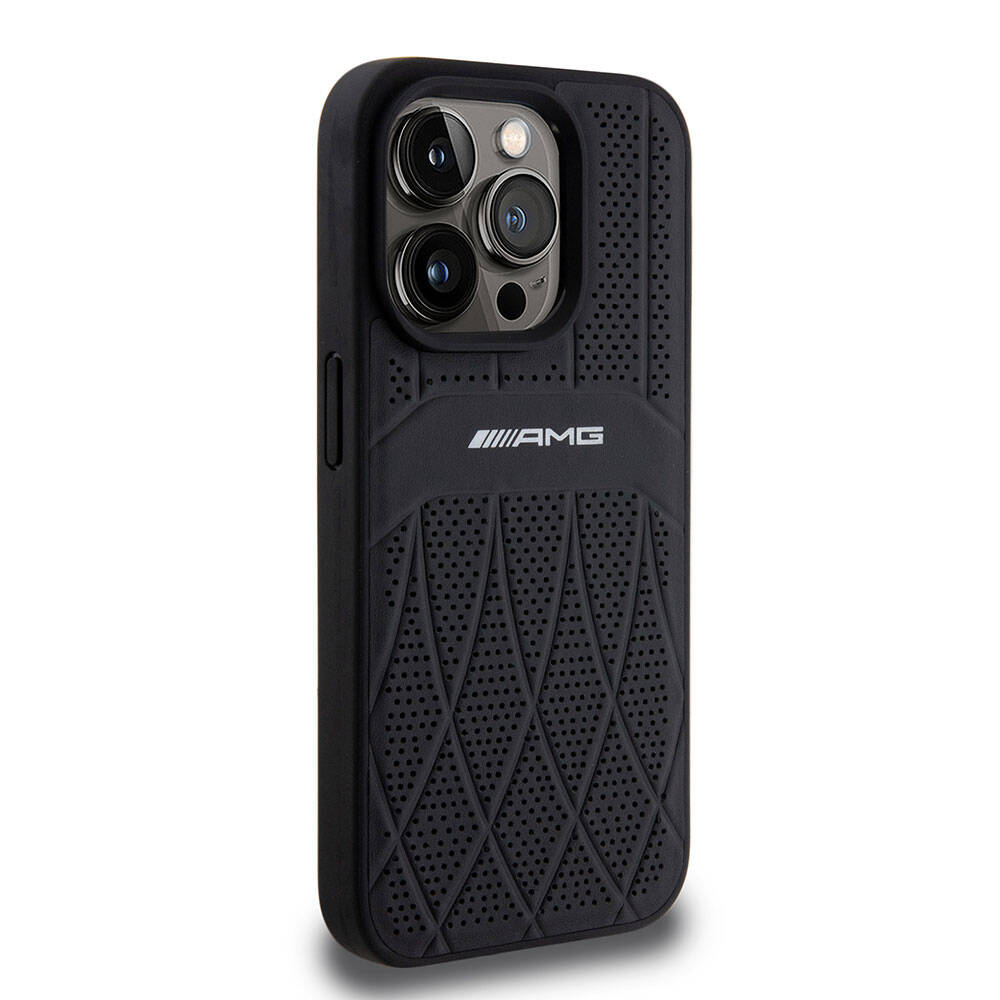 Apple iPhone 15 Pro Case AMG Original Licensed M-safe Charging Feature Perforated Leather Curved Striped Cover Black