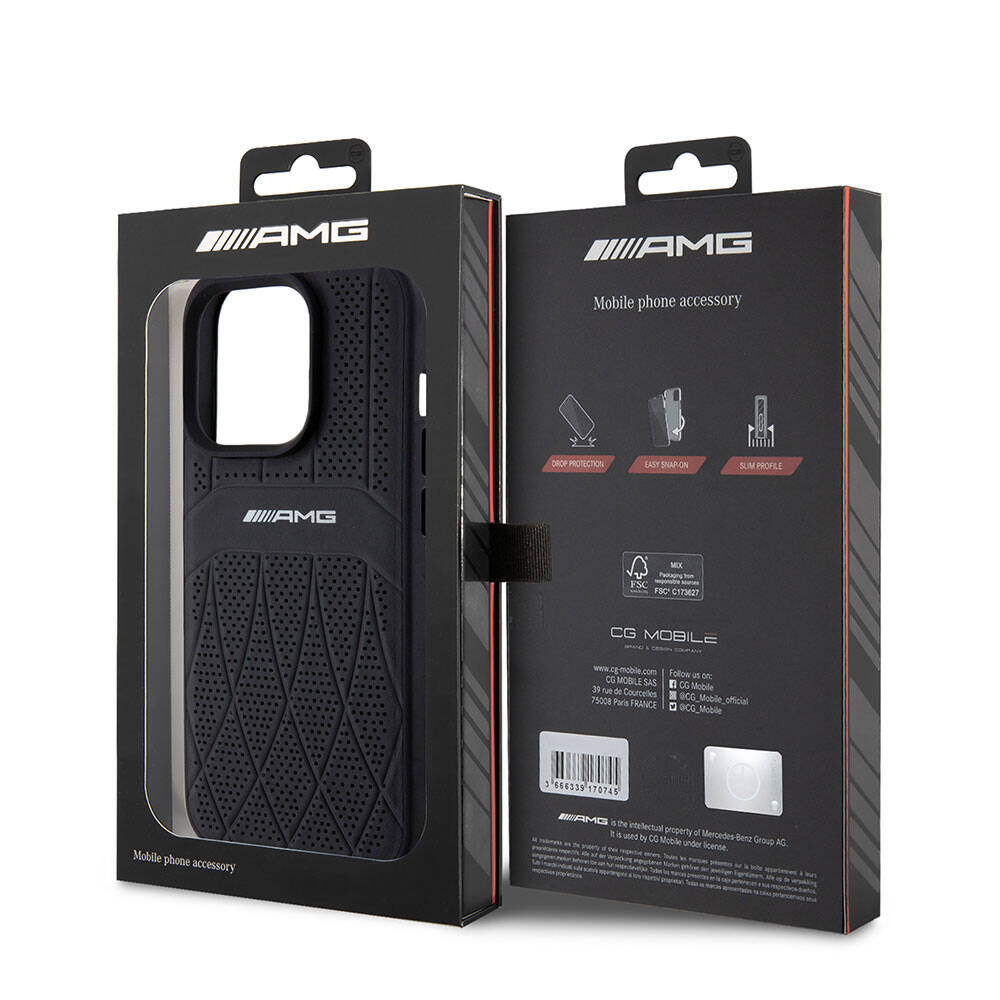 Apple iPhone 15 Pro Case AMG Original Licensed M-safe Charging Feature Perforated Leather Curved Striped Cover Black