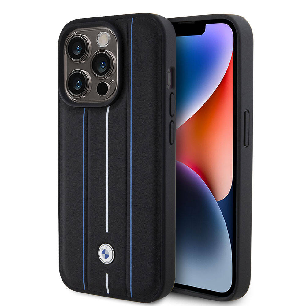 Apple iPhone 15 Pro Case BMW Leather Look Blue Lines Original Licensed Cover Black