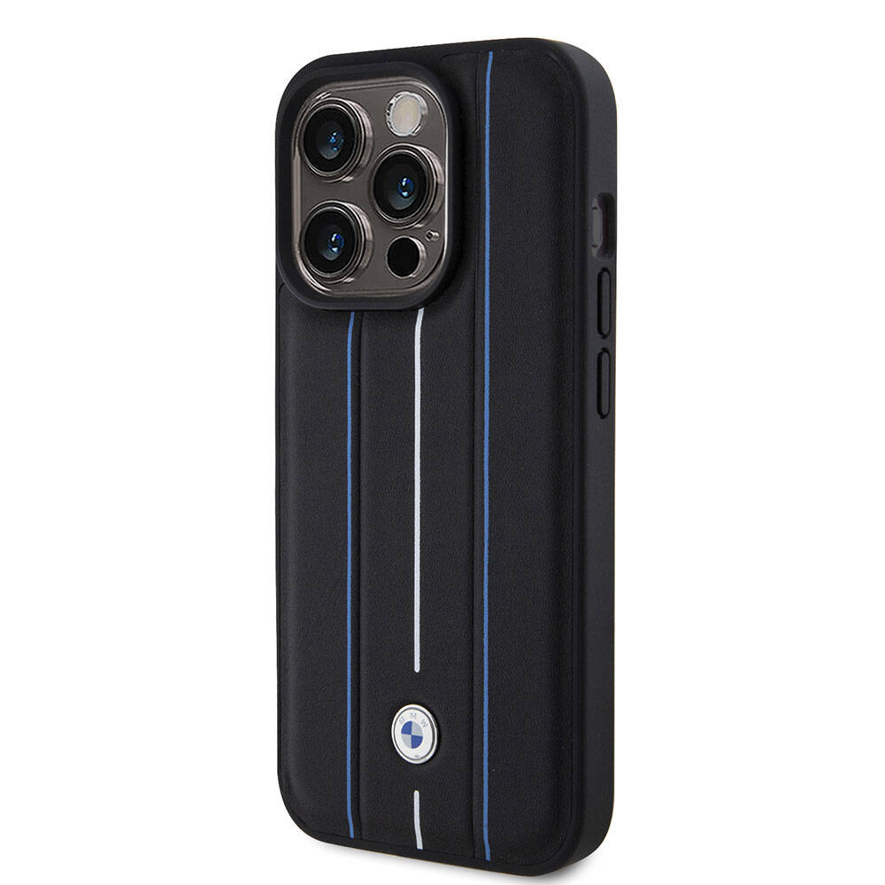 Apple iPhone 15 Pro Case BMW Leather Look Blue Lines Original Licensed Cover Black