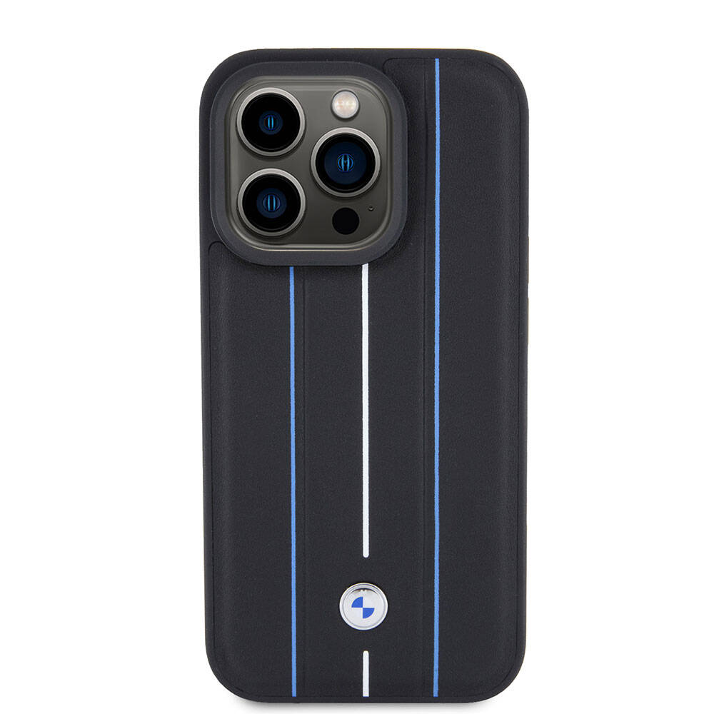 Apple iPhone 15 Pro Case BMW Leather Look Blue Lines Original Licensed Cover Black