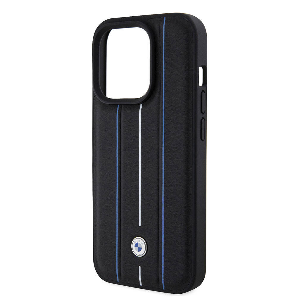 Apple iPhone 15 Pro Case BMW Leather Look Blue Lines Original Licensed Cover Black