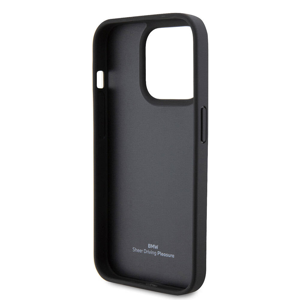 Apple iPhone 15 Pro Case BMW Leather Look Blue Lines Original Licensed Cover Black