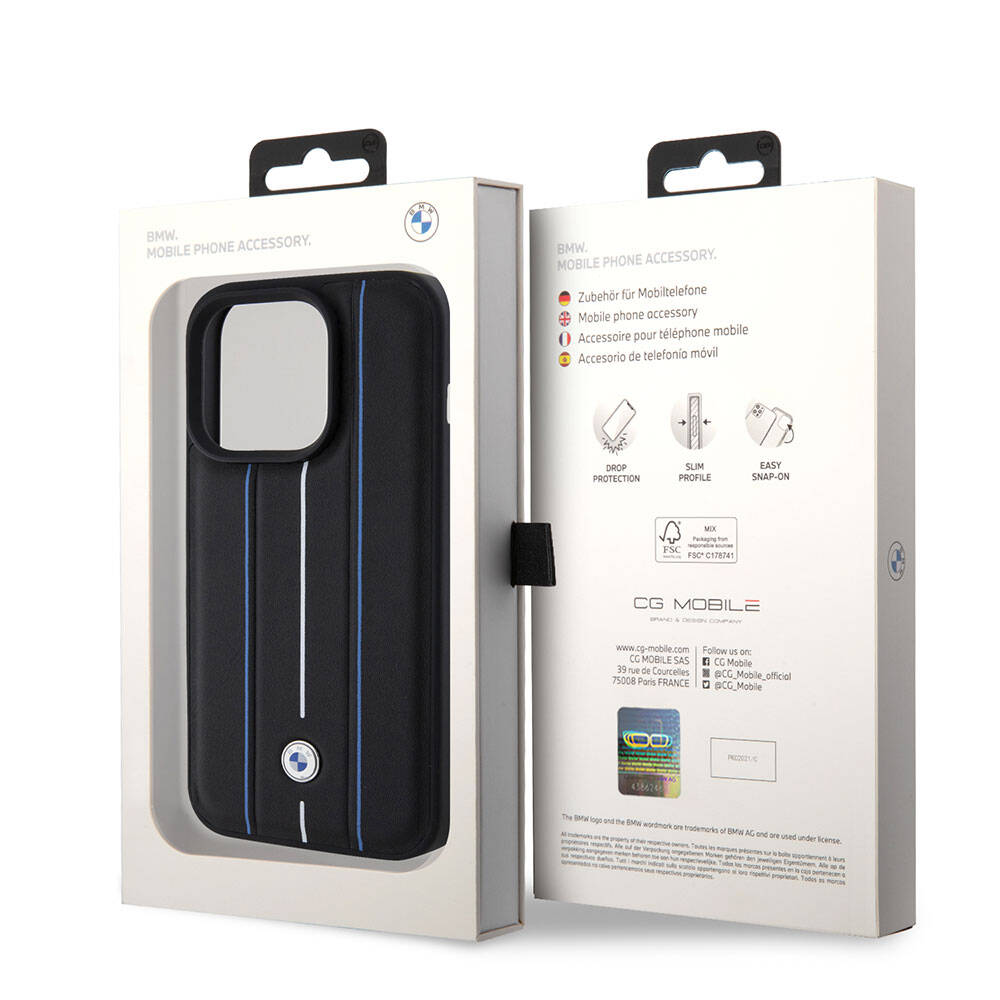 Apple iPhone 15 Pro Case BMW Leather Look Blue Lines Original Licensed Cover Black